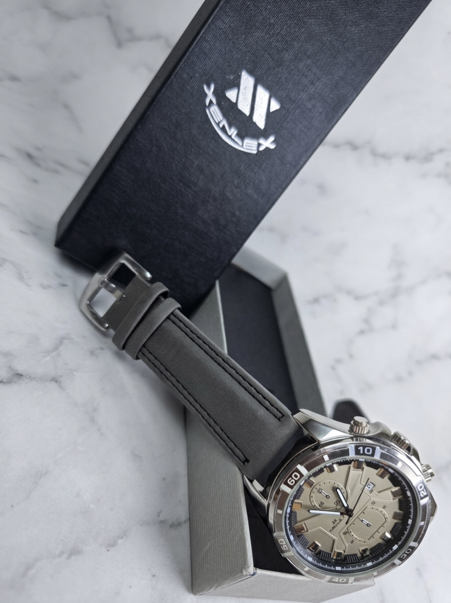 Xenlex Aviation Chronograph | Champagne Dial & Premium Grey Leather Strap