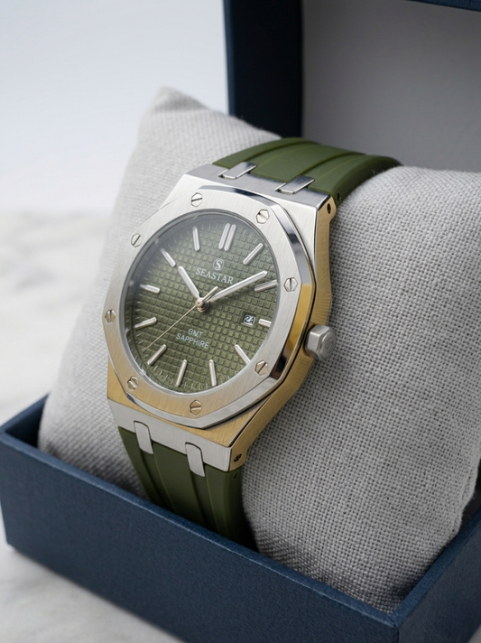 Seastar GMT Royal Oak | Olive Green Waffle Dial | Premium Rubber Strap