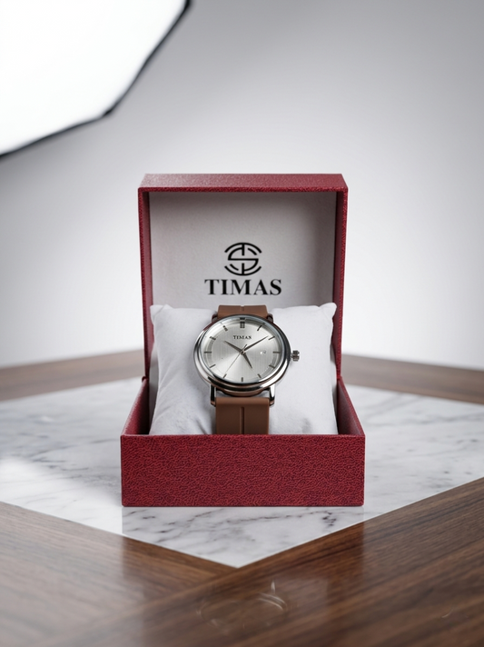 TIMAS Classic Silver | Minimalist Men’s Dress Watch with Coffee Brown Strap
