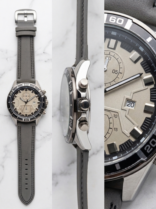 Xenlex Aviation Chronograph | Champagne Dial & Premium Grey Leather Strap