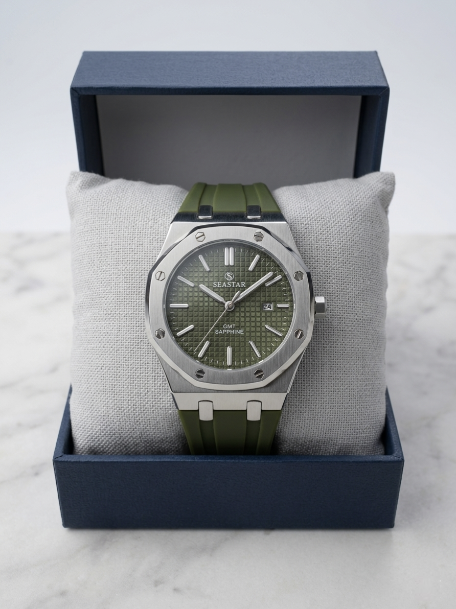 Seastar GMT Royal Oak | Olive Green Waffle Dial | Premium Rubber Strap