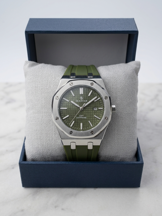 Seastar GMT Royal Oak | Olive Green Waffle Dial | Premium Rubber Strap